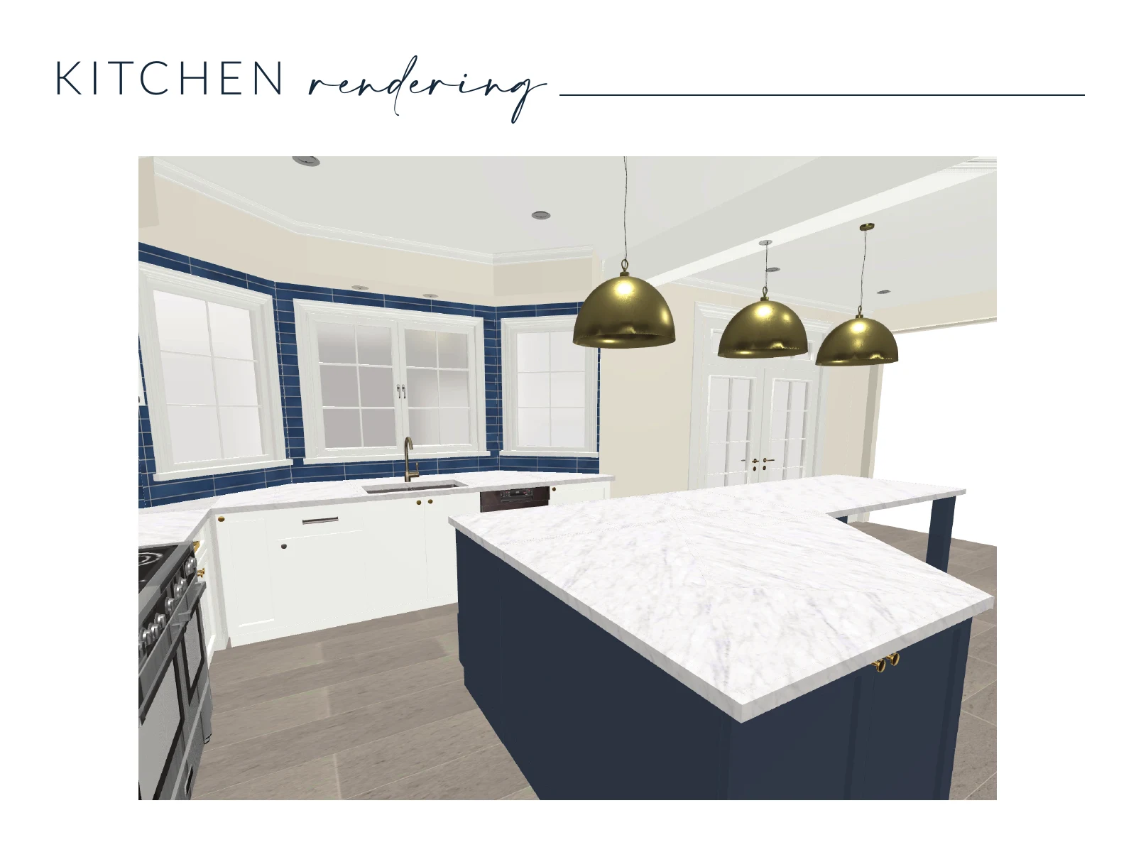 Bree Harris kitchen design rendering showing white cabinets, a blue island, and three pendant lights