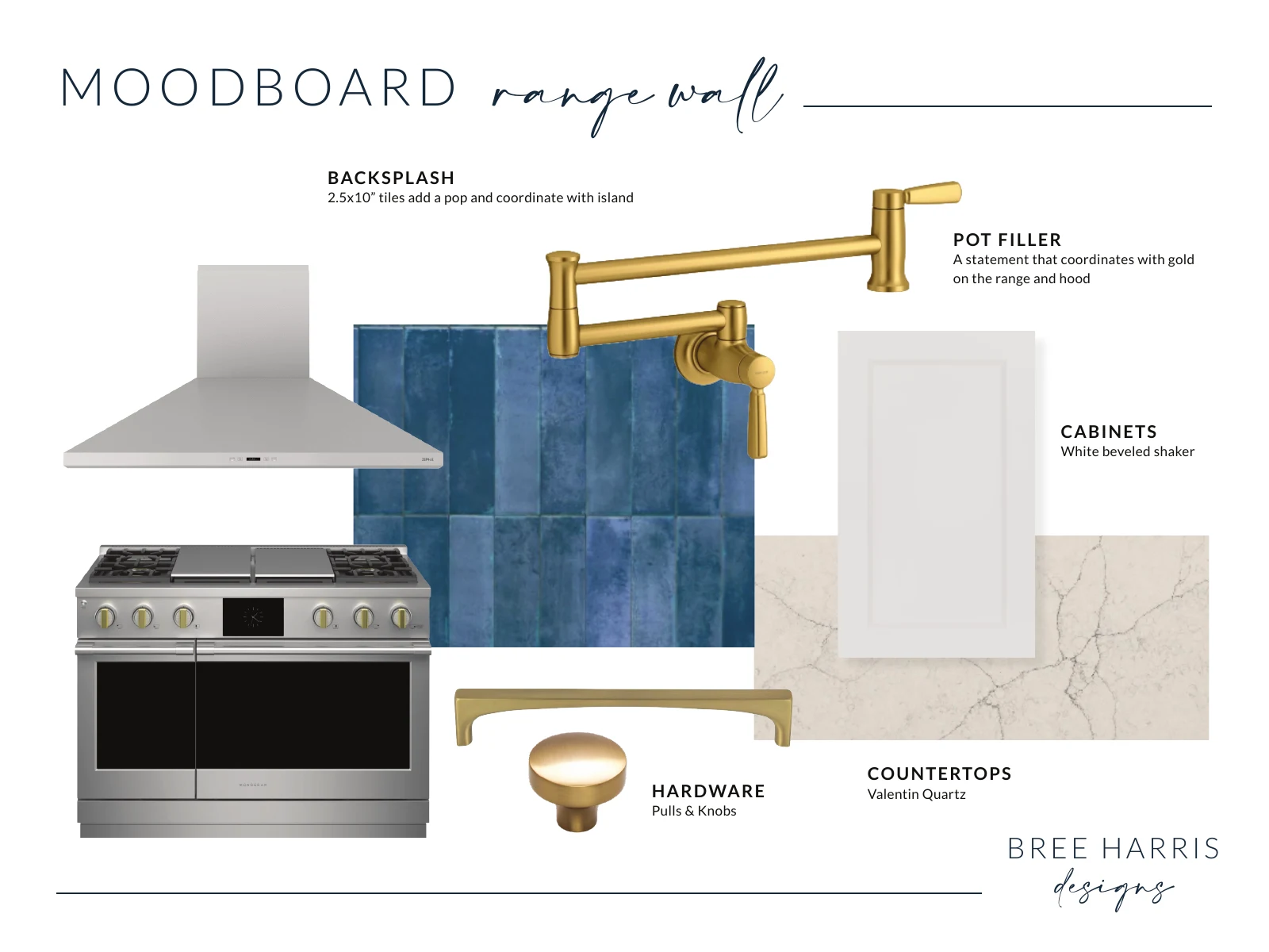 Kitchen range wall selection board with blue backsplash tile, white cabinets, quartz, and gold-toned accents