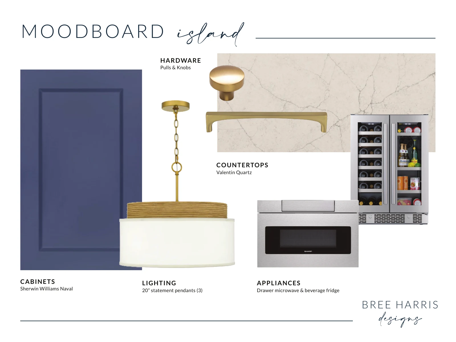 Kitchen island selection board specifying Sherwin-Williams Naval cabinetry, quartz, pendants, and integrated appliances