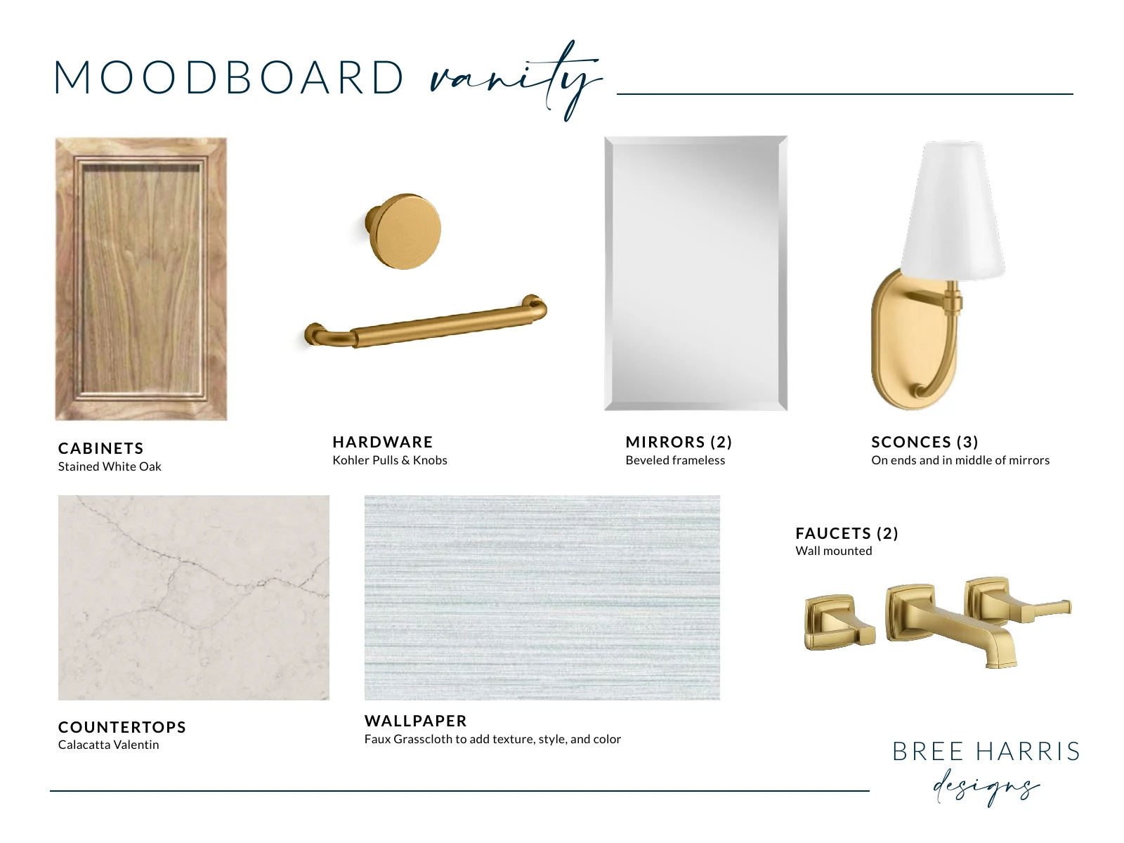 Primary bathroom vanity board specifying stained white oak, quartz, wallpaper, sconces, and wall-mounted faucets