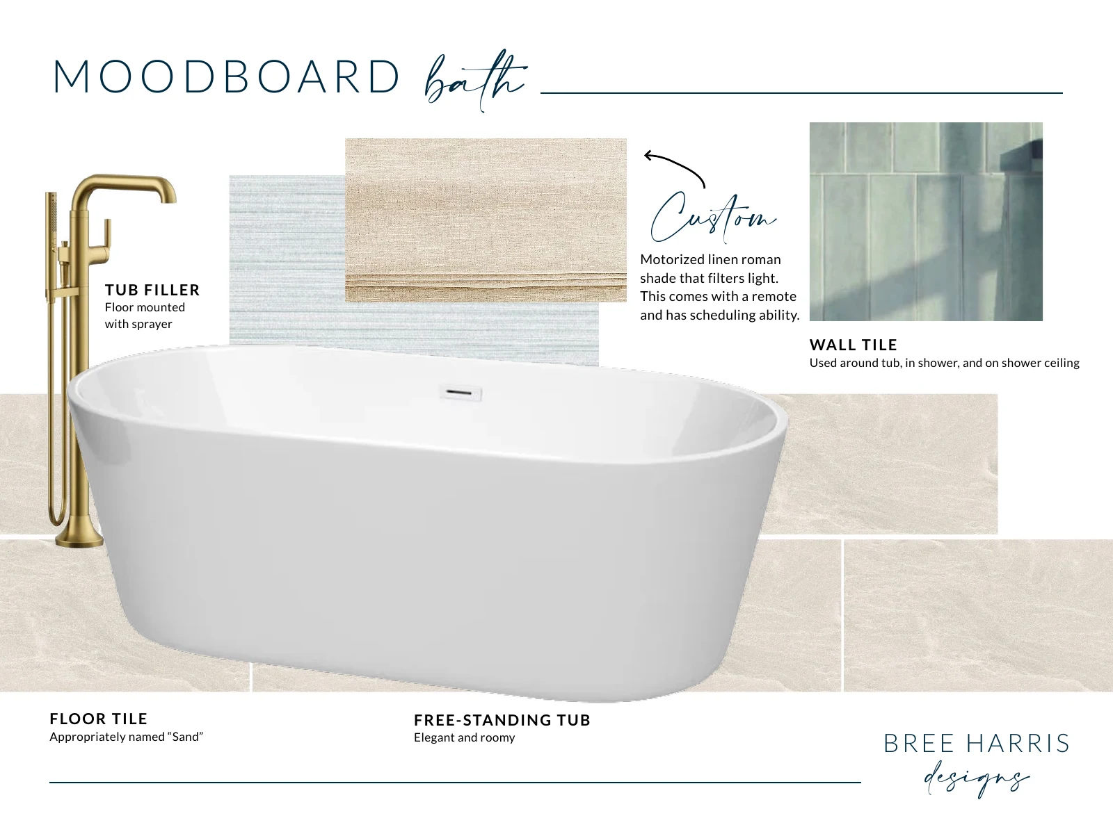 Primary bathroom tub selection board with freestanding tub, floor-mounted filler, tile, and Roman shade