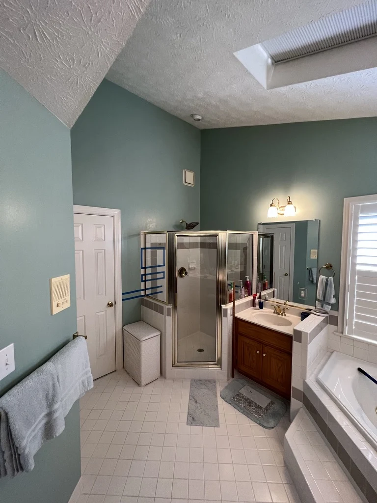 The shower & vanity before the Kiln Creek, Yorktown renovation