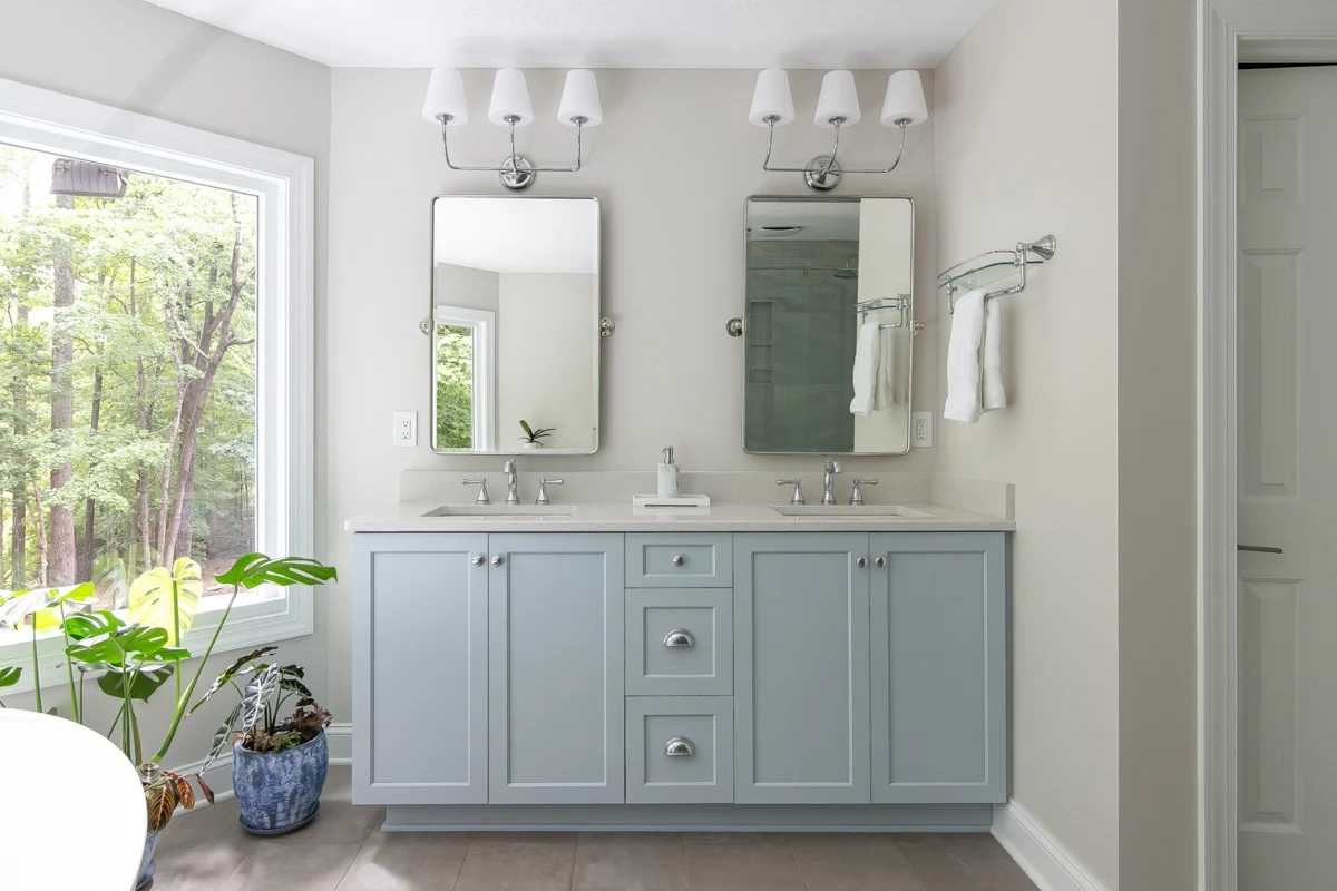 Old shower → new vanity after remodeling by VanFleet Homes in Toano